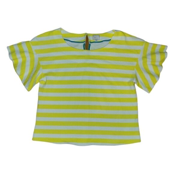 Anthropologie Postage Stamp Edie Butterfly Yellow White Stripe ShortSleeve Top L - Picture 2 of 9